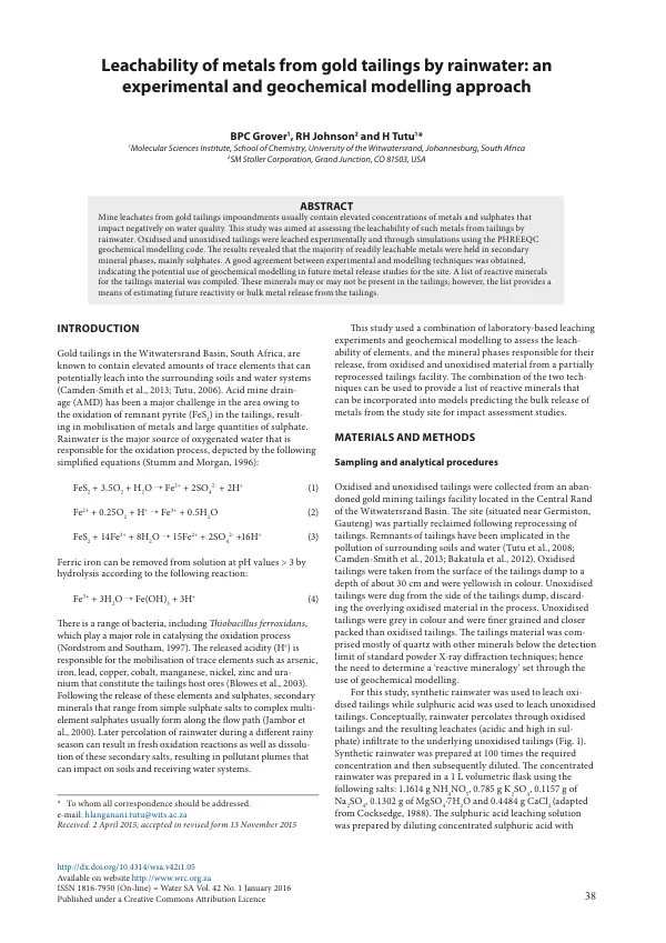 Leachability of metals from gold tailings by rainwater: an experimental and geochemical modelling approach