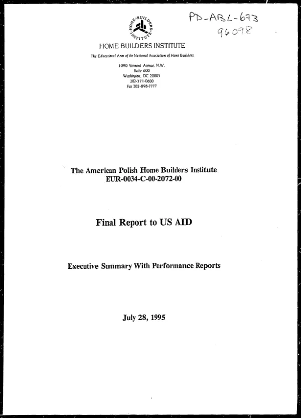 American Polish Home Builders Institute, EUR-0034-C-00-2072-00 : final report to USAID -- executive summary with performance reports