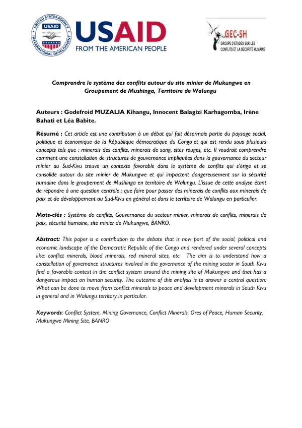 Comprendre le système des conflits autour du site minier de Mukungwe en Groupement de Mushinga, Territoire de Walungu
