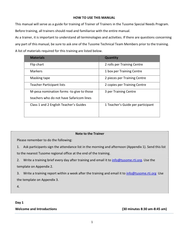 Tusome Special Needs Program Trainer of Trainers Manual