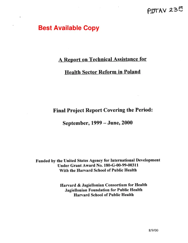 Report on technical assistance for health sector reform in Poland : final project report covering the period September, 1999-June, 2000