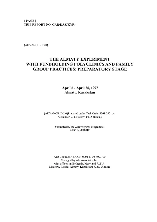 The Almaty Experiment with Fundholding Polyclinics and Family Group Practices: Preparatory Stage