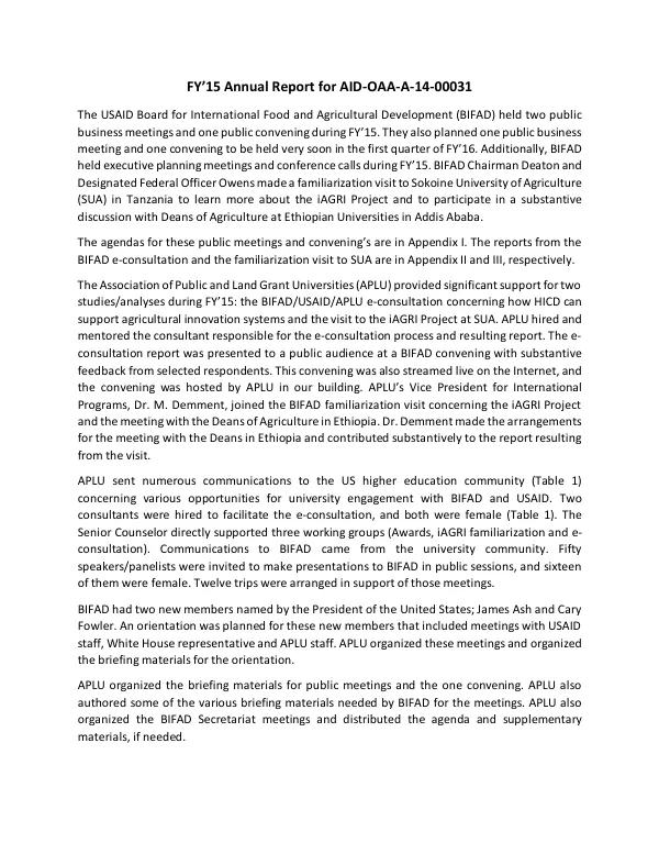 FY’15 Annual Report for AID-OAA-A-14-00031