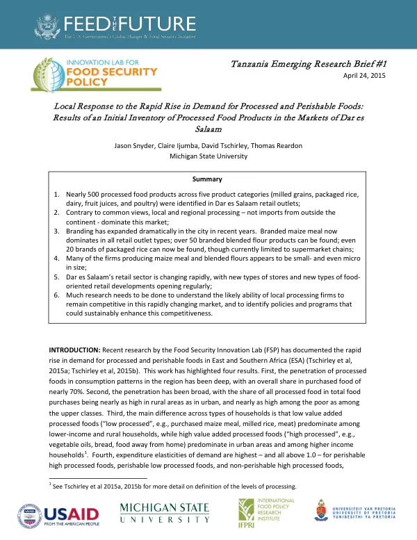 Local Response to the Rapid Rise in Demand for Processed and Perishable Foods: Results of an Initial Inventory of Processed Food Products in the Markets of Dar es Salaam