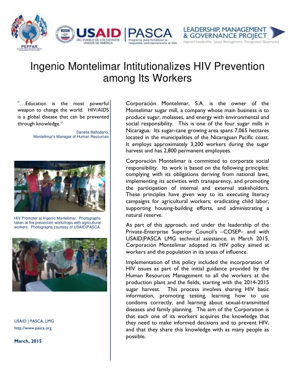Ingenio Montelimar Institutionalizes HIV Prevention among Its Workers