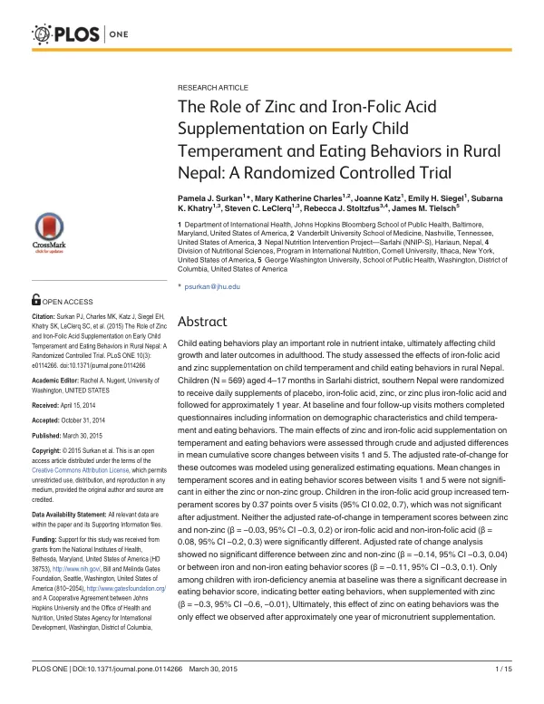 The Role of Zinc and Iron-Folic Acid Supplementation on Early Child Temperament and Eating Behaviors in Rural Nepal: A Randomized Controlled Trial