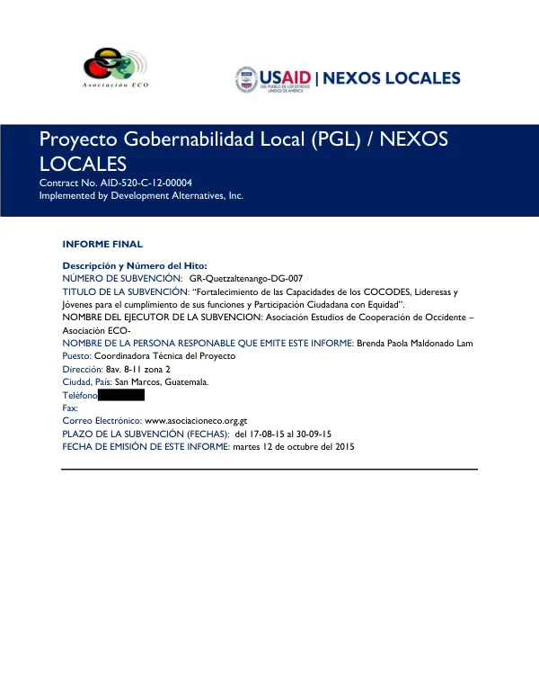 Informe Final: Fortalecimiento de las Capacidades de los COCODES, Lideresas y Jóvenes para el cumplimiento de sus funciones y Participación Ciudadana con Equidad