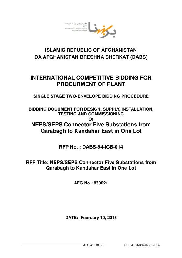 NEPS/SEPS Connector Five Substations from Qarabagh to Kandahar East in One Lot