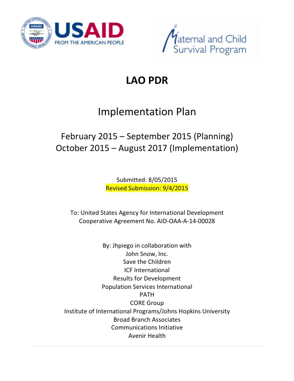 Implementation Plan for Maternal and Child Survival Program (MCSP) in Lao PDR