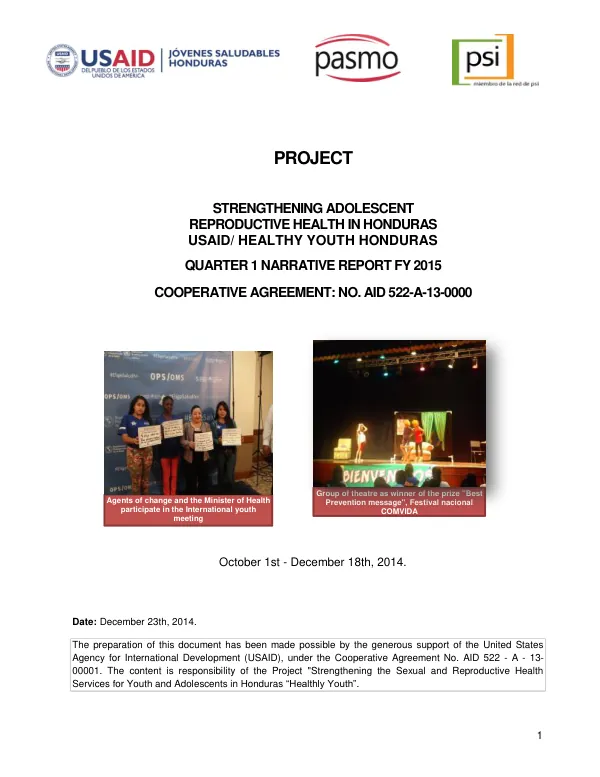 Strengthening Adolescent Reproductive Health in Honduras: USAID/Healthy Youth Honduras Quarterly Narrative Report FY 2015