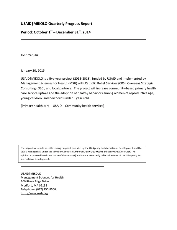 USAID|MIKOLO Quarterly Progress Report