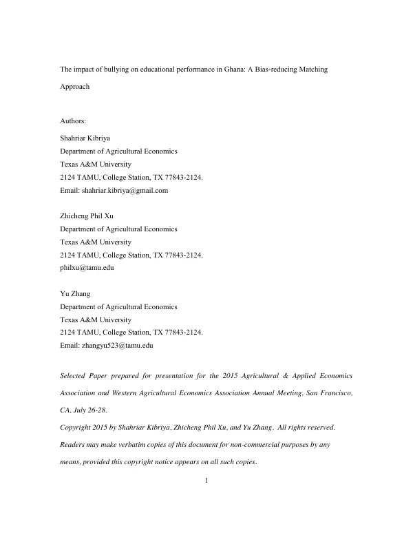 The impact of bullying on educational performance in Ghana: A Bias-reducing Matching Approach
