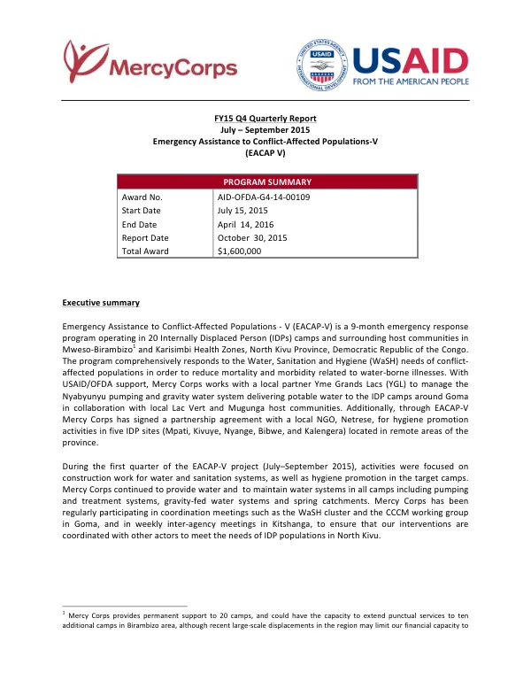 FY15 Q4 Quarterly Report: Emergency Assistance to Conflict-Affected Populations - V (EACAP-V)