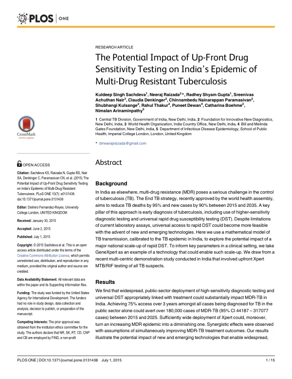 The Potential Impact of Up-Front Drug Sensitivity Testing on India’s Epidemic of Multi-Drug Resistant Tuberculosis