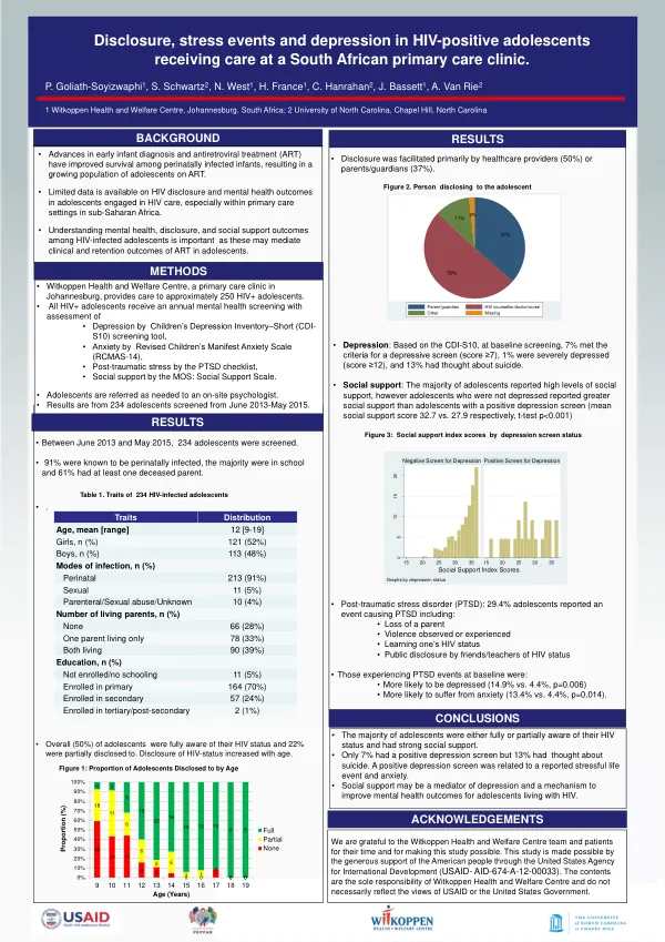 Disclosure, stress events and depression in HIV-positive adolescents receiving care at a South African primary care clinic