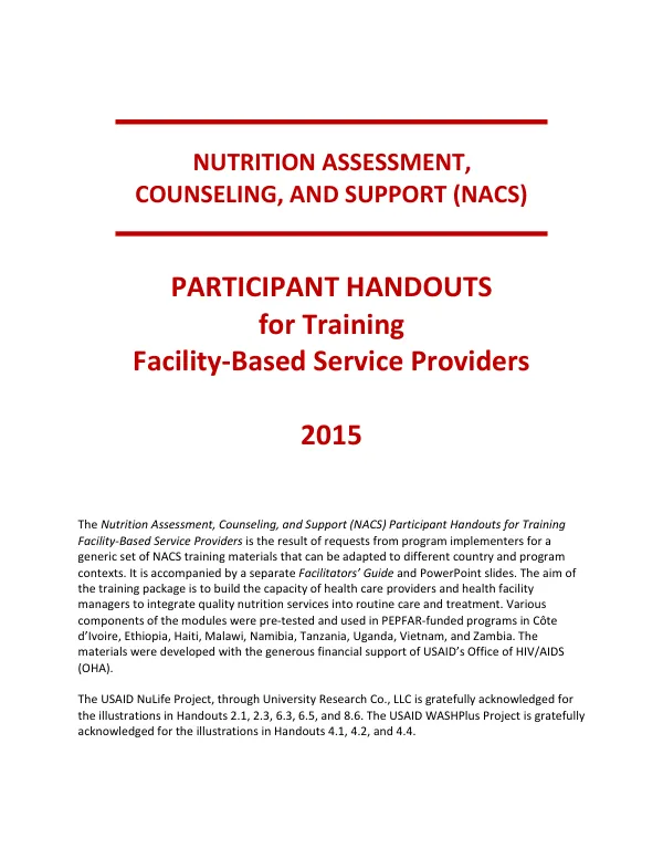 Nutrition Assessment, Counseling, and Support (NACS) Participant Handouts for Training Facility-Based Service Providers