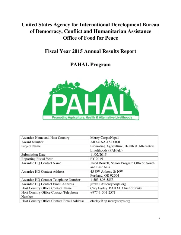 Promoting Agriculture, Health and Alternative Livelihoods (PAHAL) Program Annual Report FY 2015