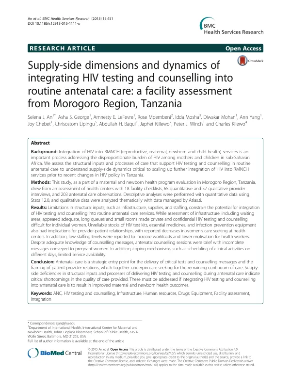 Supply-side dimensions and dynamics of integrating HIV testing and counselling into routine antenatal care: a facility assessment from Morogoro Region, Tanzania
