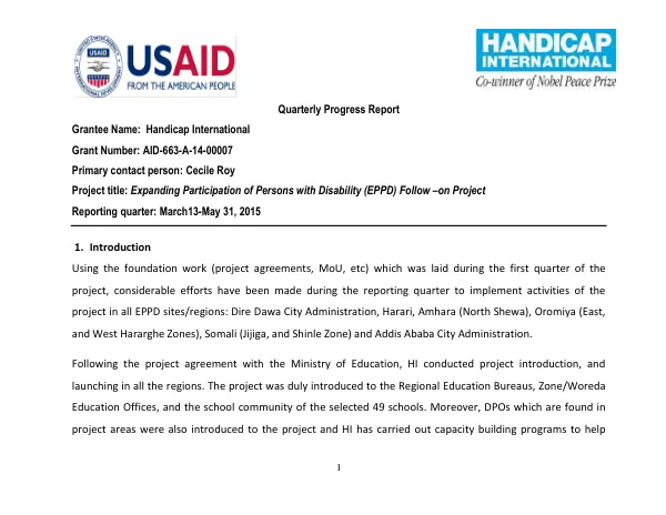 Quarterly Progress Report: Expanding Participation of Persons with Disability (EPPD) Follow –on Project