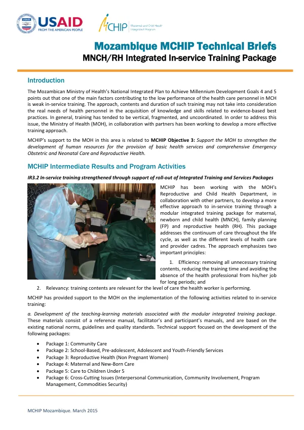 Mozambique MCHIP Technical Briefs: MNCH/RH Integrated In-service Training Package