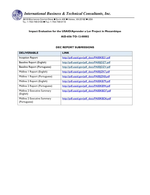 Impact Evaluation for the USAID/Aprender a Ler Project in Mozambique