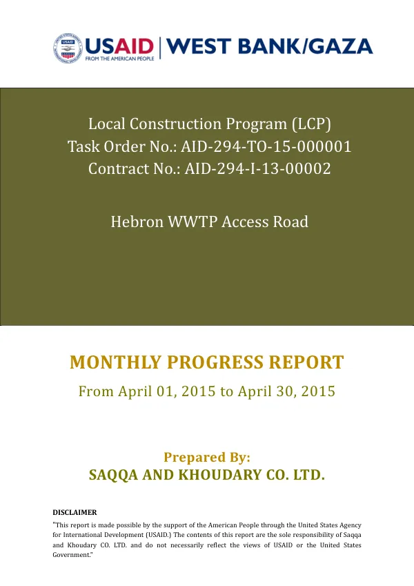 Monthly Progress Report for Hebron WWTP Access Road