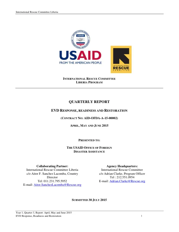 Year 1, Quarter 3, Report: EVD Response, Readiness and Restoration
