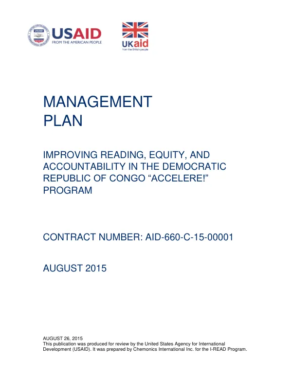 Management Plan: Improving Reading, Equity, and Accountability in the Democratic Republic of Congo “ACCELERE!” Program