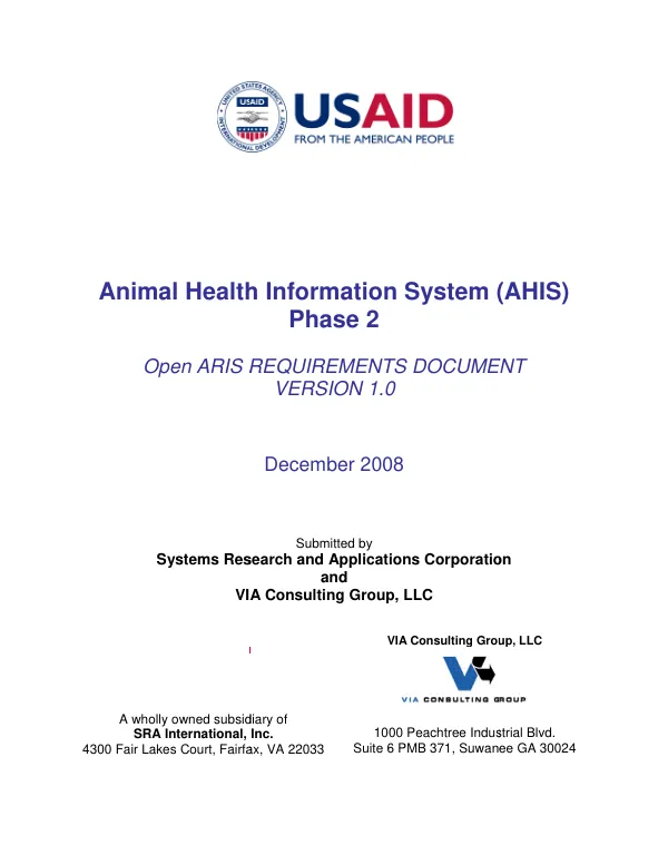 Animal health information system (AHIS), phase 2 : open ARIS requirements document version 1.0