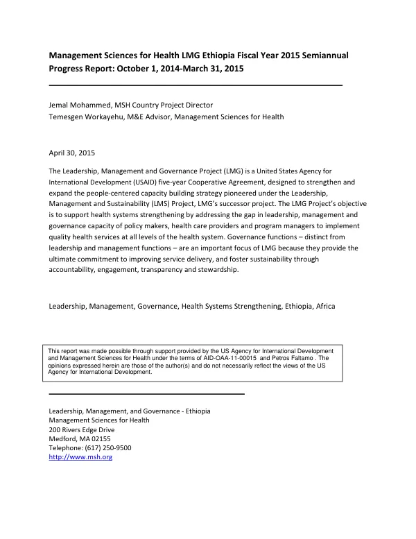 Management Sciences for Health LMG Ethiopia Fiscal Year 2015 Semiannual Progress Report: October 1, 2014-March 31, 2015