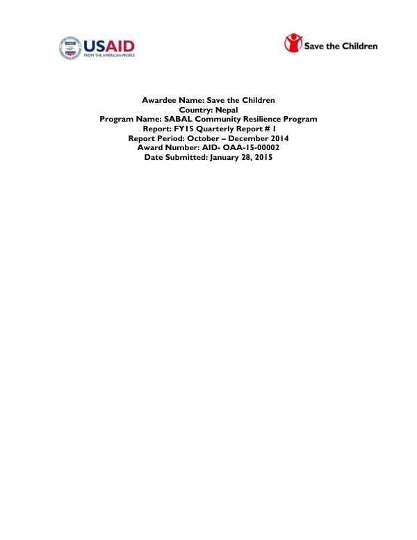 SABAL Community Resilience Program FY15 Quarterly Report # 1