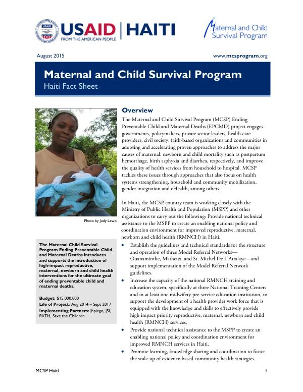 Maternal and Child Survival Program Ending Preventable Child and Maternal Deaths in Haiti
