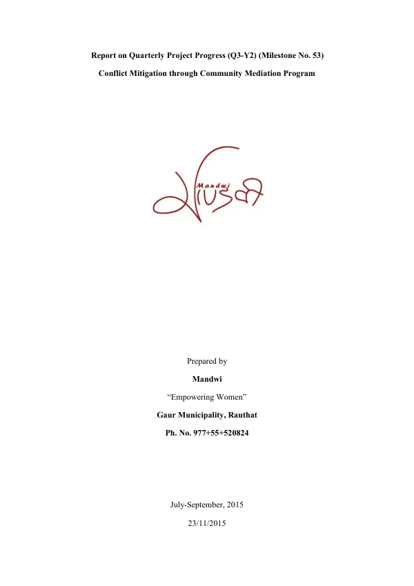 Report on Quarterly Project Progress (Q3-Y2) (Milestone No. 53) Conflict Mitigation through Community Mediation Program