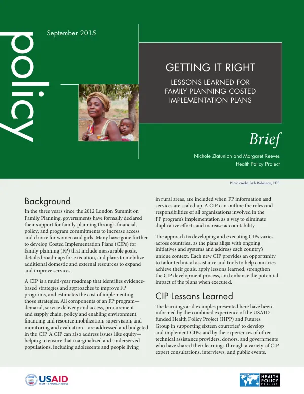 Getting it right: lessons learned for family planning costed implementation plans