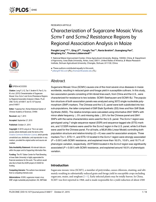 Characterization of Sugarcane Mosaic Virus Scmv1 and Scmv2 Resistance Regions by Regional Association Analysis in Maize