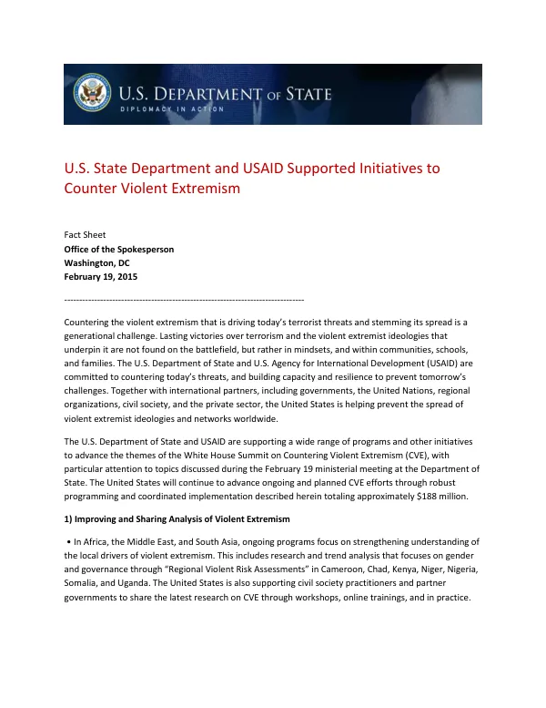 U.S. State Department and USAID Supported Initiatives to Counter Violent Extremism