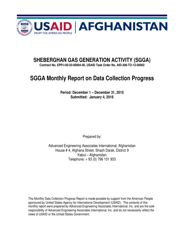 Sheberghan Gas Generation Activity (SGGA) Monthly Report on Data Collection Progress