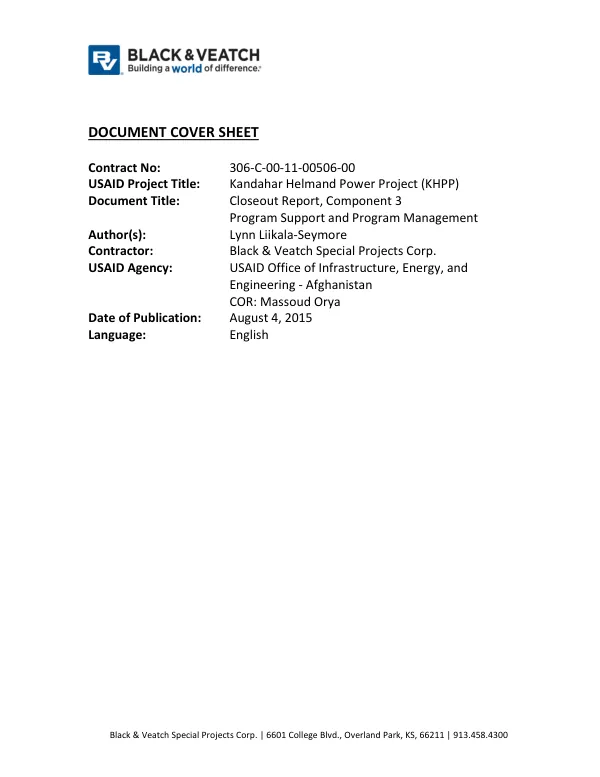 Closeout Report Component 3: Kandahar Helmand Power Project (KHPP)