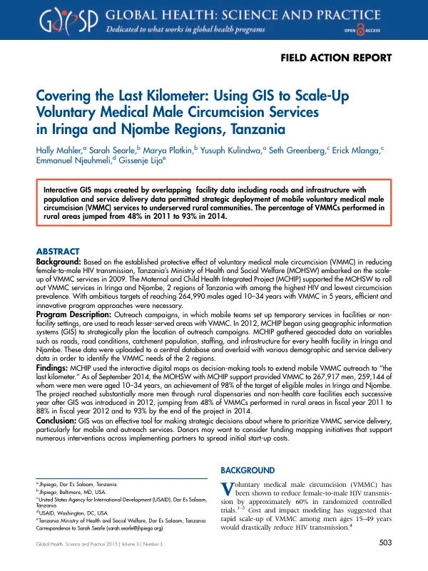 Field Action Report: Covering the Last Kilometer: Using GIS to Scale-Up Voluntary Medical Male Circumcision Services in Iringa and Njombe Regions, Tanzania
