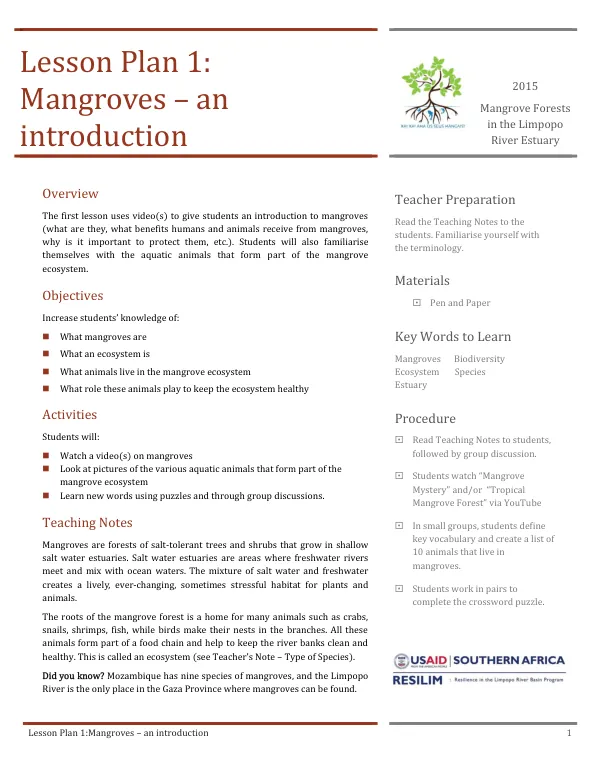 Lesson Plan 1: Mangroves – an introduction