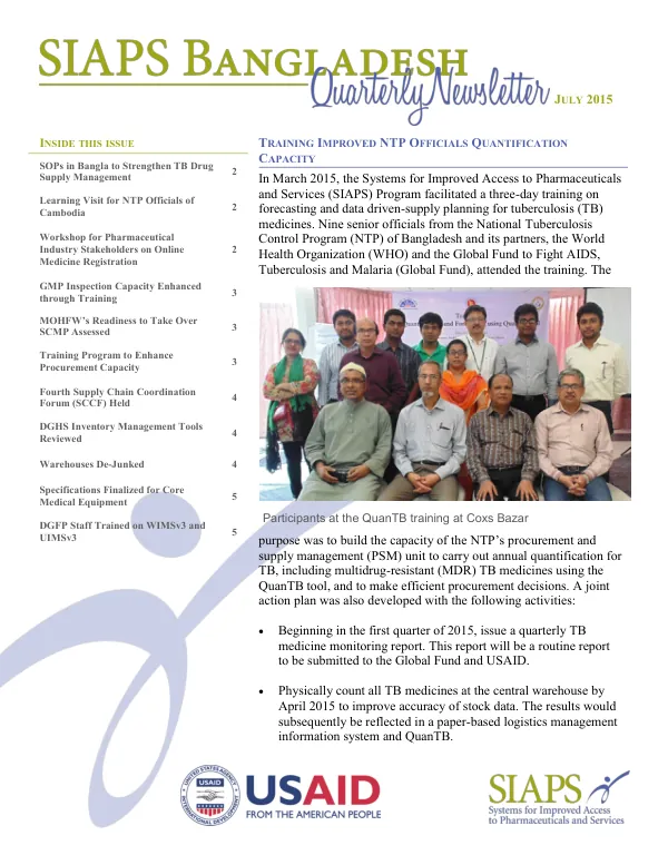 SIAPS Bangladesh Quarterly Newsletter, July 2015