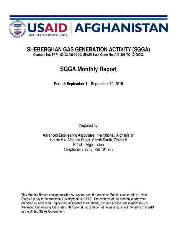 Sheberghan Gas Generation Activity (SGGA) Monthly Report for September 1 – September 30, 2015