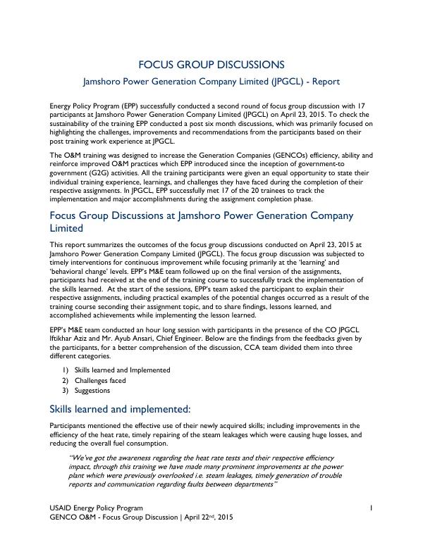 Final Report: GENCO O&M - Focus Group Discussion | April 22nd, 2015