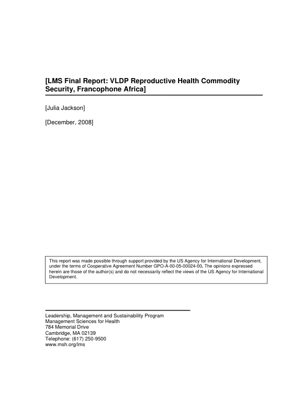 Final report : VLDP -- reproductive health commodity security, Francophone Africa, June 23-October 10, 2008