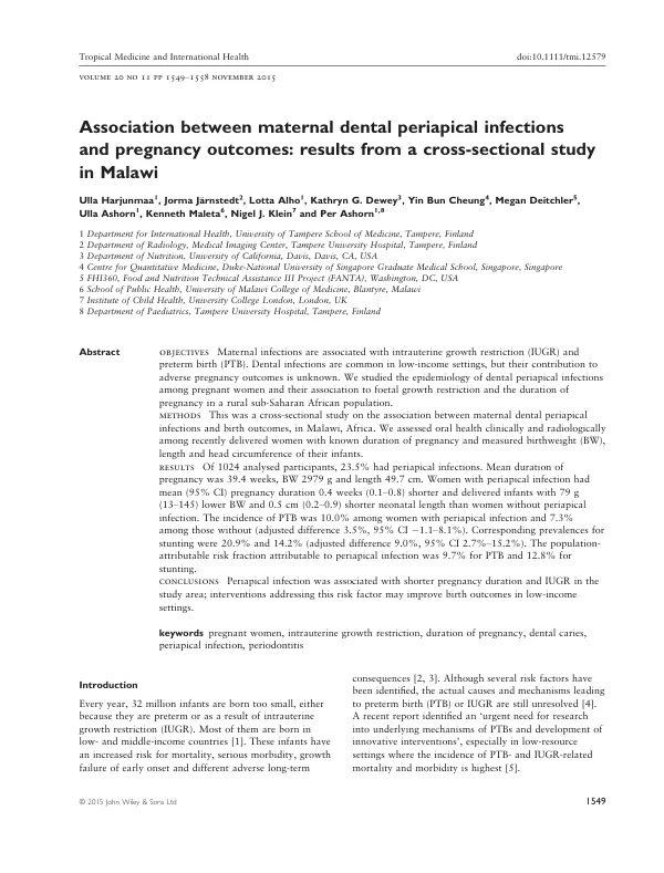 Association between maternal dental periapical infections and pregnancy outcomes: results from a cross-sectional study in Malawi
