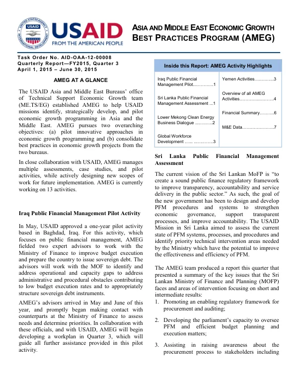 Asia and Middle East Economic Growth Best Practices Program (AMEG) Quarterly Report—FY2015, Quarter 3