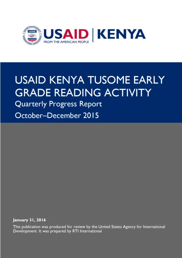 USAID KENYA TUSOME EARLY GRADE READING ACTIVITY FY 2016 QUARTER 1 PROGRESS REPORT
