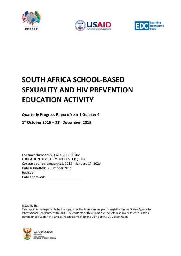 South Africa School-Based Sexuality and HIV Prevention Education Activity Quarterly Progress Report: Year 1 Quarter 4