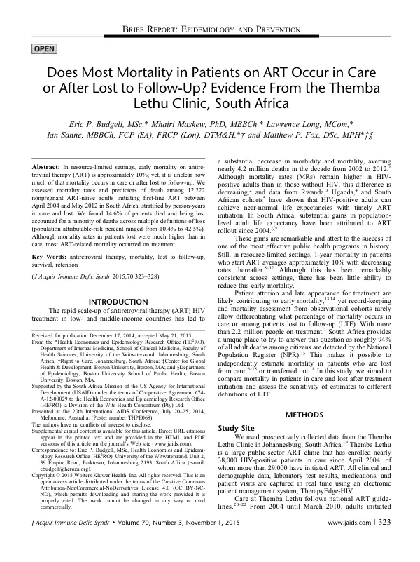 Does Most Mortality in Patients on ART Occur in Care or After Lost to Follow-Up? Evidence From the Themba Lethu Clinic, South Africa