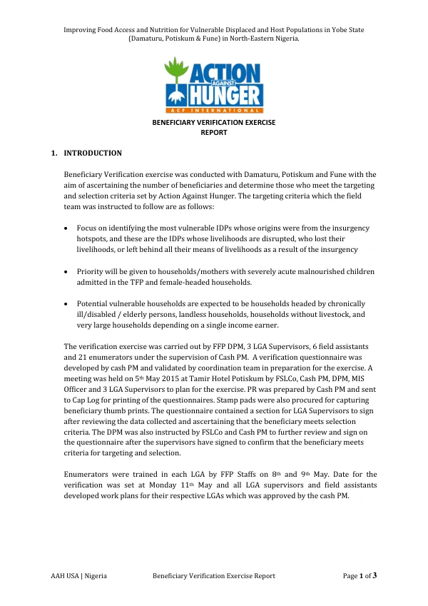 Beneficiary Verification Exercise Report: Improving Food Access and Nutrition for Vulnerable Displaced and Host Populations in Yobe State (Damaturu, Potiskum & Fune) in North-Eastern Nigeria